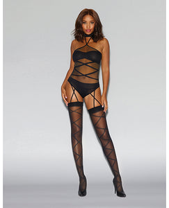 Sheer Halter Teddy Bodystocking w/Opaque Bar & Panty & Attached Garters Black O/S