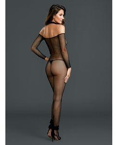 Fishnet Off the Shoulder Bodystocking w/Attached Collar Black O/S