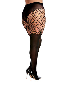 Pantyhose w/Solid Knitted Panty & Thigh High Look Black QN