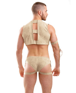 Men's Play On the Hunty Fringe Vest, Arm Band & Caged Underwear - Beige