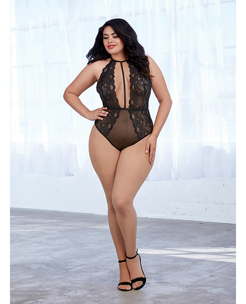 Stretch Lace & Patterned Mesh Teddy Black QN