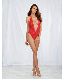 Halter Stretch Lace Teddy w/Plunging Neckline, Halter Ties & Heart Cut Out on Back Red O/S