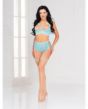 Floral Lace Underwire Quarter Cup Bra & High Waist Panty w/Attached Garters - Blue