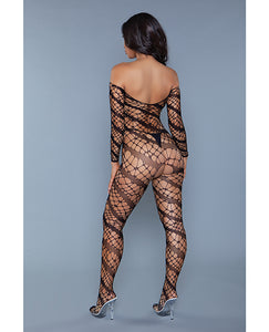 Web Fishnet Detail, Solid Slanted Stripes, Mid Arm Length Full Bodystocking - Black