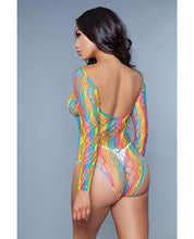 Web Fishnet Detail, Solid Slanted Stripes & Mid Arm Length Bodysuit - Rainbow